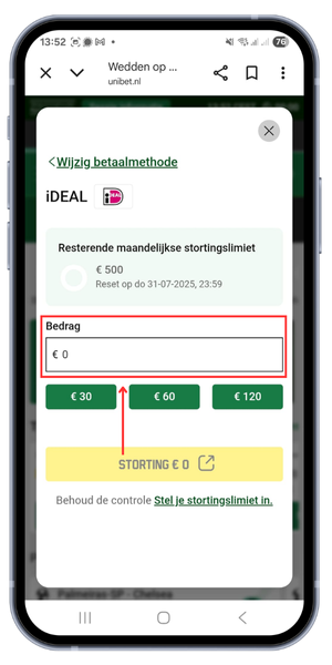 Kies een bedrag Unibet geld storten