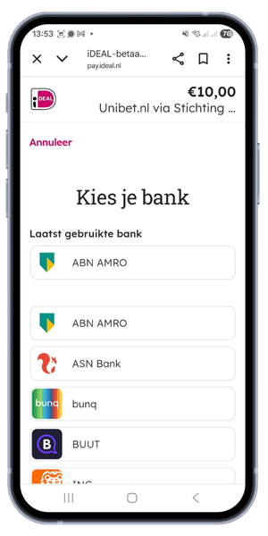 Bank kiezen Unibet geld storten