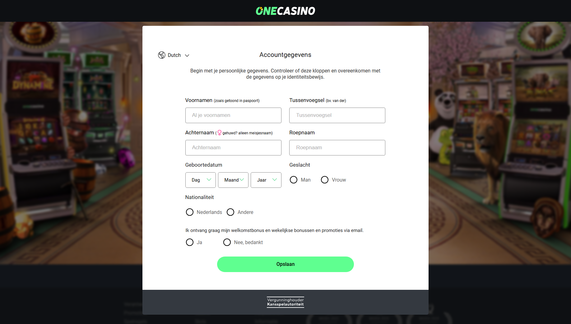 OneCasino gegevens invullen