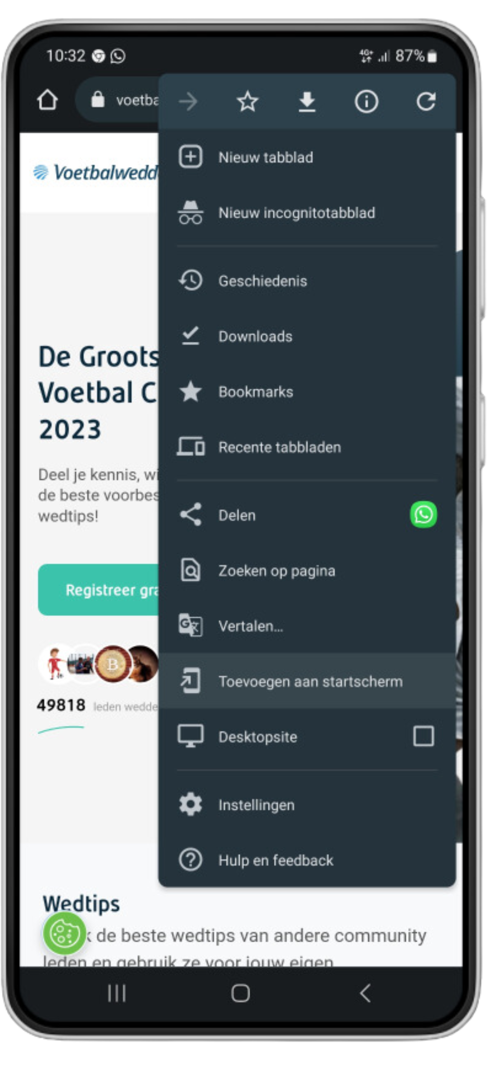 Voetbalwedden op Android telefoon